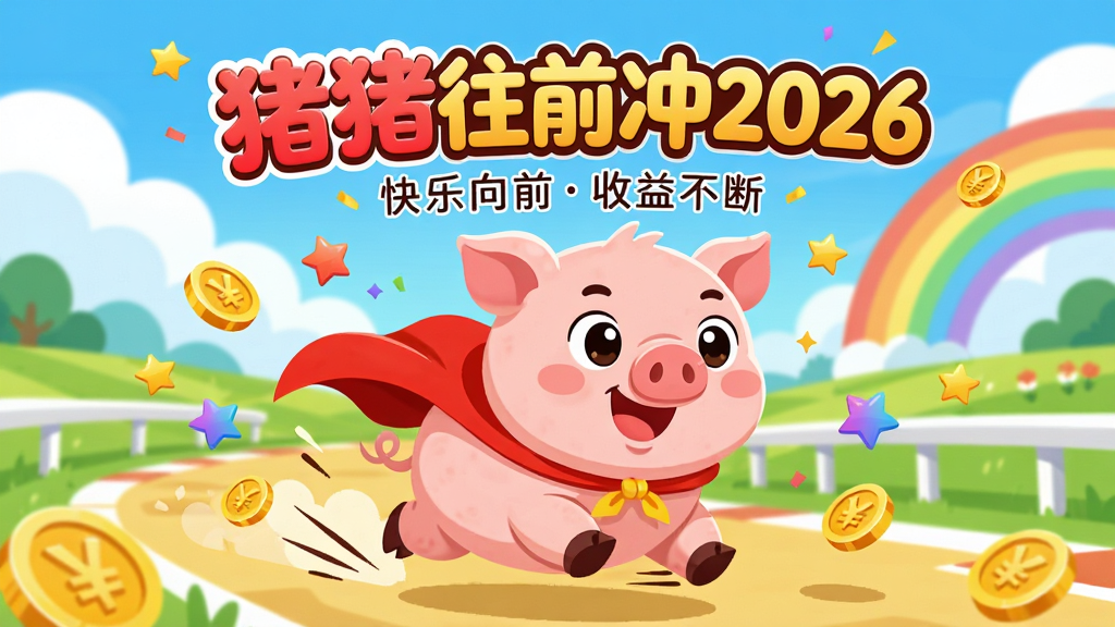 主体:一只圆润可爱的小猪角色,身穿红色披风,呈奔跑冲刺姿态,周围有金色金币和彩色星星特效环绕。布局:画面中央突出小猪形象,背景为明亮清新的田园赛道,远处有蓝天白云和彩虹。排版:主标题“猪猪往前冲2026”以艺术字形式置于画面上方三分之一处,字体圆润活泼,颜色为红黄渐变,副标题“快乐向前收益不断”用小字放在主标题下方。风格:卡通扁平化,色彩饱和度高,整体明亮愉悦。细节:小猪眼睛大而有神,嘴角上扬,脚下有速度线,金币和星星错落分布,画面干净无杂乱元素。画质:高清渲染,干净无多余元素。