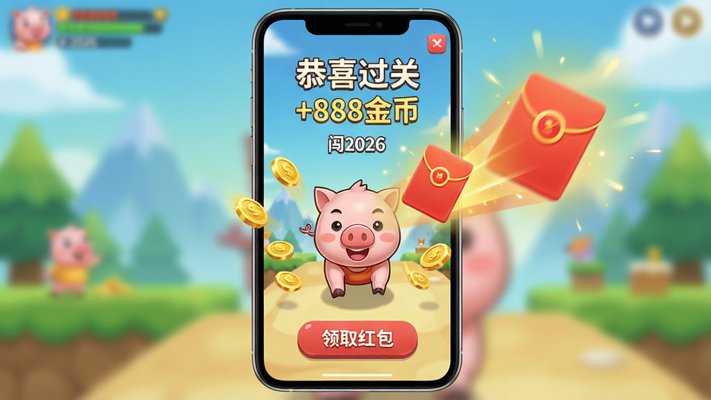 主体:手机屏幕特写,屏幕中显示猪猪往前冲2026游戏闯关成功界面,金币数量暴涨,红包图标弹出。布局:手机位于画面中央,屏幕内容清晰可见,背景为虚化的游戏场景。排版:屏幕上方显示“恭喜过关”和“+888金币”字样,屏幕下方有红色“领取红包”按钮。风格:写实与卡通结合,屏幕内为卡通风格,屏幕外为柔和光线。细节:金币从屏幕中飞出,红包图标带有金色光效,画面干净明亮。画质:高清,干净无多余元素。
