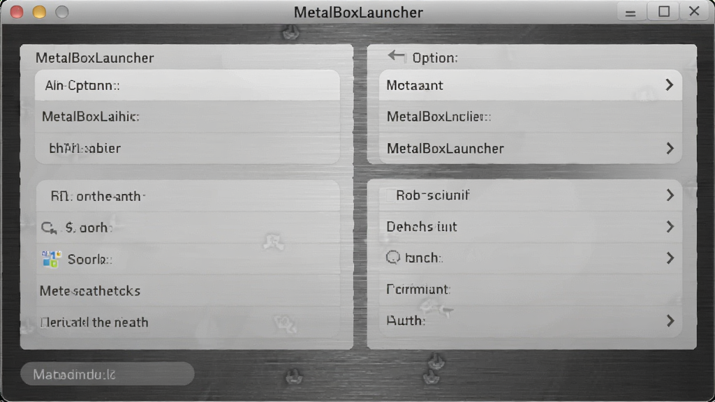 һ����ʾMetalBoxLauncher���ý���Ľ�ͼ����Ļ���ж��ѡ��˵�������Ϊ���ɫ������˿�������������������ֹ��������Ϊдʵ��Ļ��ͼ��ϸ�ڰ����߹ⷴ�䣬���ʸɾ����޶���Ԫ��