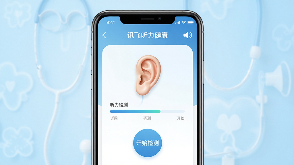 主体:手机屏幕展示讯飞听力健康APP的主界面,界面中央显示一只清晰的耳朵图标和听力检测进度条。布局:手机居中,屏幕内容占据主体,背景为浅蓝色渐变的医疗风格。排版:界面元素排列整齐,有“开始检测”的圆形按钮。风格:写实与UI结合,干净专业。细节:屏幕内文字显示“讯飞听力健康”,音量图标清晰。画质:4K超清,干净,无多余元素。