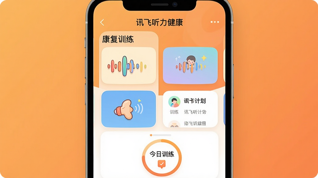 主体:手机屏幕展示讯飞听力健康APP的“康复训练”页面,页面中有多个卡通化的声音波形图标和训练计划列表。布局:手机屏幕平铺占据画面中央,背景为温馨的橙色渐变。排版:功能卡片错落有致,色彩鲜明。风格:扁平化UI设计,柔和明亮。细节:页面上方有“讯飞听力健康”字样,下方有“今日训练”打卡环。画质:清晰矢量风格,干净,无多余元素。