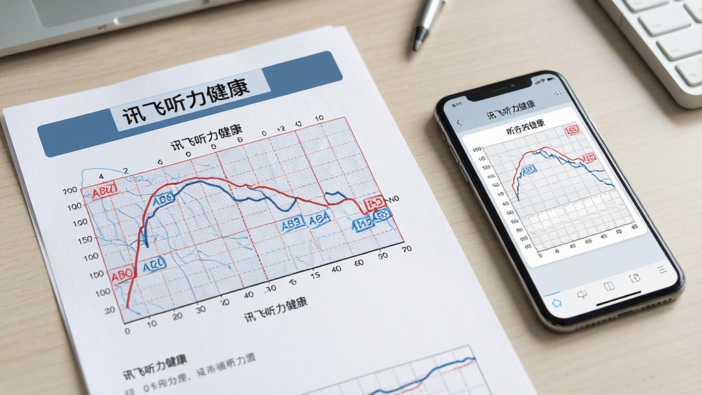 主体:一份打印出来的听力报告单和一部手机并排放在桌面上,手机屏幕显示报告图表。布局:报告单在左,手机在右,形成对比。排版:报告单上印有明显的听力曲线图和文字“讯飞听力健康”。风格:商务办公风格,专业严谨。细节:报告单上有红蓝标注的听力图。画质:高清细节丰富,干净,无多余元素。