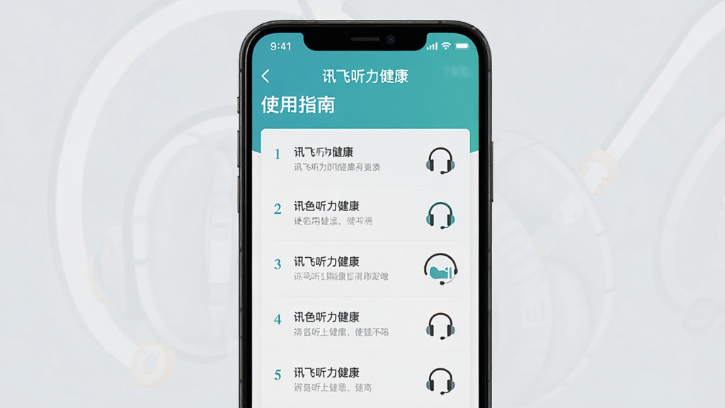 主体:手机屏幕特写,显示讯飞听力健康APP的“使用指南”界面,有清晰的步骤列表和耳机图标。布局:手机屏幕居中,背景为浅灰色。排版:步骤以数字列表从上到下排列。风格:简洁的图文排版。细节:屏幕上有“讯飞听力健康”和“使用攻略”字样。画质:干净,无多余元素。