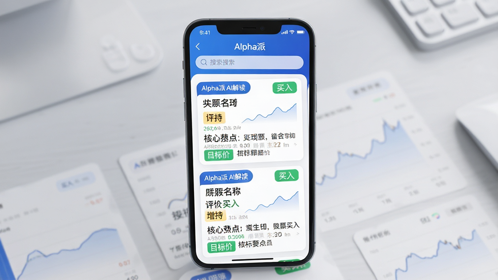 ���壺�ֻ���Ļչʾ��Alpha�ɡ�App��AI�б�������ܽ��棬���������������·�Ϊ�����б�ժҪ��Ƭ��ÿ�ſ�Ƭ������Ʊ���ơ�������Ŀ��ۺͺ���Ҫ�㡣���֣��ֻ����У������������չʾ������Ϊǳ��ɫ����̨���Ű棺��Ƭʽ���֣���Ϣ�㼶�������ص����ָ������������Ƽ��磬������ɫ����Բ�ǿ�Ƭ��ơ�ϸ�ڣ���Ƭ�ϱ��С�Alpha�� AI���������������ʾ�����롱�������֡��ȱ�ǩ�����ʣ�������Ⱦ�������������޶���Ԫ�ء�