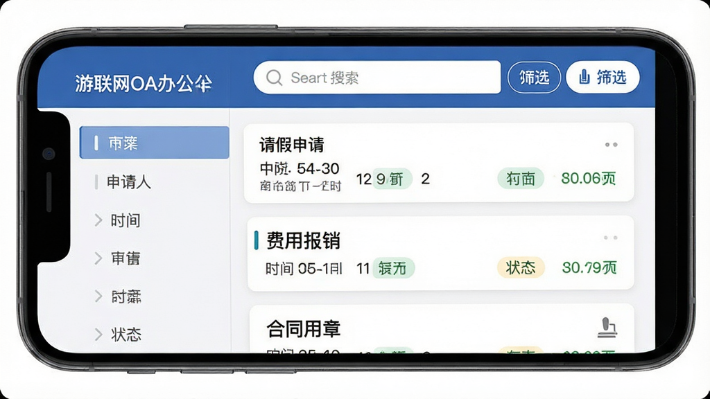 ���壺�ֻ���Ļ����ʾ��������OA�칫�����������棬�б�չʾ��������롱�����ñ���������ͬ���¡��ȿ�Ƭ�����֣����Ϊ���������Ҳ�Ϊ�����б����Ű棺ÿ�ſ�Ƭ���������ˡ�ʱ�䡢״̬��ǩ����񣺼������ϸ�ڣ��������������ɸѡ��ť�����ʣ����壬�ɾ����޶���Ԫ��