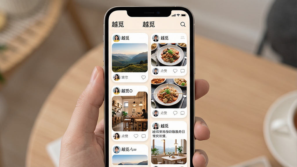 ���壺�ֻ���Ļչʾ��Խ�١��ķ��ֹ㳡ҳ�棬��Ļ�����ٲ�����ʽչʾ�����û���̬�����ݰ����羰��Ƭ����ʳͼƬ���ճ��������ֵȣ�ÿ����̬�·���ͷ���ǳơ����޺�����ͼ�ꣻ��Խ�١�Logoλ�ڶ��������֣��ֻ����У���Ļ�ڶ�̬��Ƭ�������£�ͼƬ�����ֻ��ţ��Ű棺�ٲ������֣���̬��ƬԲ����ƣ�ҳ�������Ȼ������ִ���Լ��ɫ����ů��ͻ��������Ϣ��ϸ�ڣ���Ļ�����С�Խ�١���������̬���������ɱ棻���ʣ����壬�ɾ����޶���Ԫ�ء�