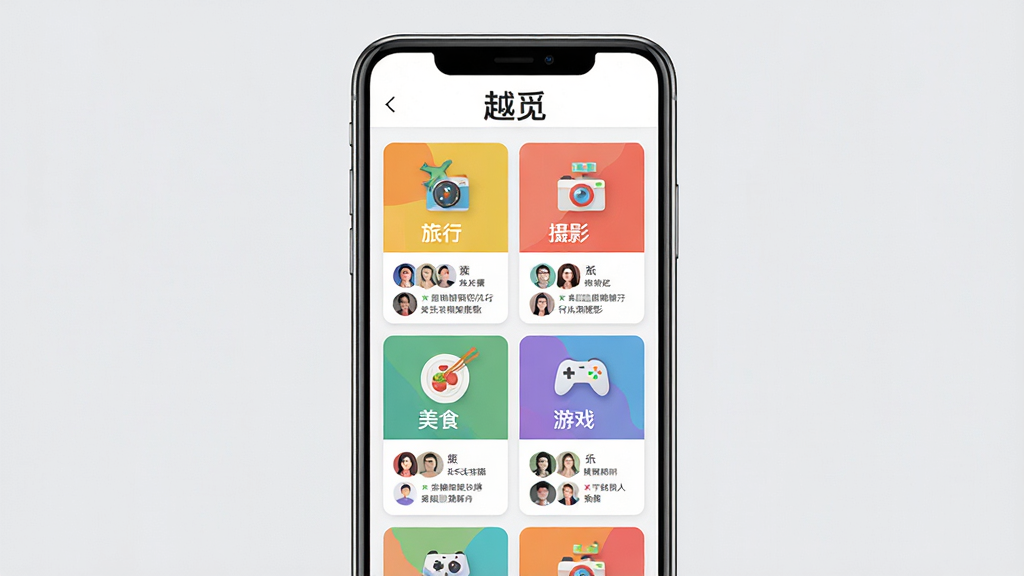���壺�ֻ���Ļչʾ��Խ�١�����Ȥƥ��ҳ�棬��Ļ����ʾ�����Ȥ��ǩ��Ƭ���硰���С�������Ӱ��������ʳ��������Ϸ���ȣ�ÿ����ǩ���м����û�ͷ��ͼ�飻��Խ�١�Logoλ����Ļ���������֣��ֻ����У�����Ϊǳ��ɫ����Ļ����������ʽ���б�ǩ��Ƭ��ÿ����Ƭ����ͼ������֣��Ű棺�����࣬��Ƭ�������룬��ɫ���޵������ۣ���񣺱�ƽ����ƣ�����ɫ�����죬ͻ����Ȥ����Ķ����ԣ�ϸ�ڣ���Ļ�����С�Խ�١���������ǩ��Ƭ�����������ɼ������ʣ����壬�ɾ����޶���Ԫ�ء�