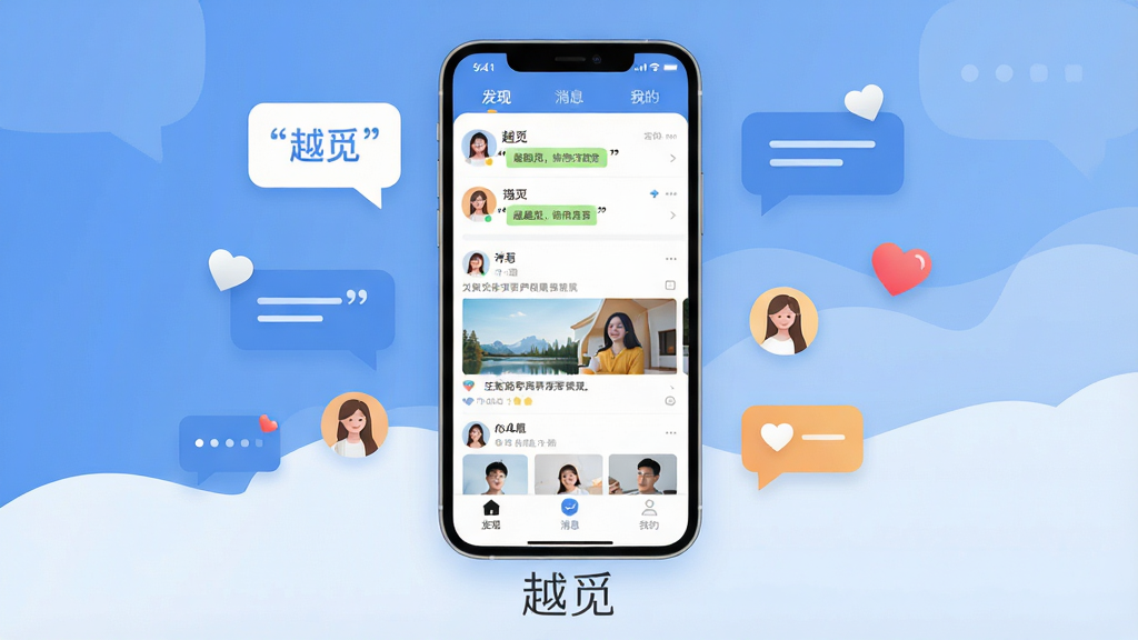 ���壺һ����Ϊ��Խ�١����罻App����չʾ���ֻ���Ļռ�ݻ������ģ���Ļ����ʾ�����б�����̬�ٲ�����������ҳ����Ҫ����ģ�飻���֣��ֻ����У���Χ���Ƽ��ĶԻ����ݡ����ĵ���ͼ����û�ͷ��Ԫ�أ��·��С�Խ�١��������Ű棺�������������ܷ�����ȷ��ɫ����ͣ���������򲼾֣�����ִ���ƽ����ƣ�������Ȼ��ɫ��������Ϊ��������ůɫ��׺�������罻����ů�������ϸ�ڣ���Ļ�ڰ��������֡�������Ϣ�������ҵġ��ȱ�ǩ����ͼƬ������������ţ��硰Խ�١������ʣ����壬�ɾ����޶���Ԫ�ء�