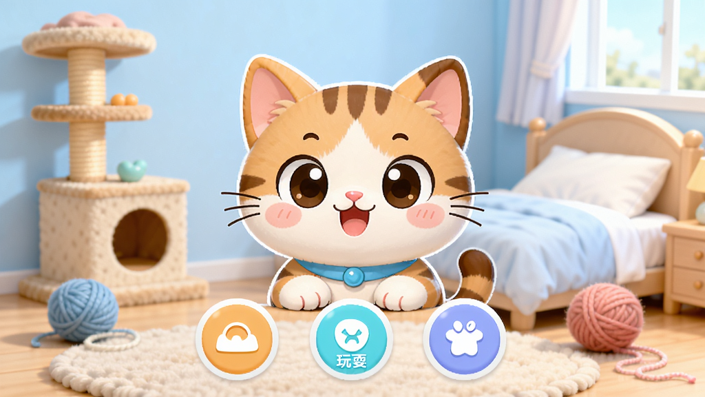 ����СèAPP������չʾ��һֻ�ɰ��Ŀ�ͨè��ռ���˻������룬��������ܰ�����ң���è���ܺ�ë���򣬽����·���ιʳ����ˣ������Բ�ΰ�ť���������������£�UI���ּ���Ѻã����廭�ʣ��ɾ������޶���Ԫ��