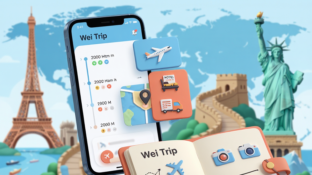 ���壺һ�������ֻ���Ļ��ʾWei TripӦ�ý��棬������ģ����ȫ��ر꽨���������簣�ƶ����������ǡ�����Ů��������ȫ�����и�����֣��ֻ�����ƫ�󣬽�������չʾ�г�ʱ�������ͼ��λ��ǣ��Ҳ������ź��ࡢ�Ƶꡢ�����Сͼ�꿨Ƭ���������д������¡��Ű棺������Ƽ���ִ�����Ƭʽ��Ϣ��������Ӫ�����Ϣ�ḻ����Ȼ������Ӿ����ܡ���񣺱�ƽ���廭�����΢3D�ʸУ�ɫ����ˬ���������������ɺ����Ϊ��ɫ�������ݳ��������õ����з�Χ��ϸ�ڣ������·���һ���򿪵��������ˣ�����ӡ�С�Wei Trip�������ͷɻ��������Сͼ�꣬��ʾ�г̼�¼��������ܡ����ʣ�8K��������Ⱦ����Ӱ�����Ȼ������ɾ��޶���Ԫ�أ�ͻ��Ʒ�����Ʒ���ġ�