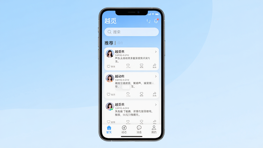 ͼƬչʾԽ��APP���������ܽ������������Ϊ�ֻ�������ͼ����Ļ��������ʾ�����沼�֣�����������Խ�١�logo�����������в�Ϊ�Ƽ��û���Ƭ������Ƭ�����û�ͷ���붯̬���֣��ײ��������С���ҳ������̬������Ϣ�����ҵġ��ĸ�ͼ�꣬����Ϊǳ�����䣬�����Ű��������������Ϊ�ִ���ƽ��UI��ƣ�ϸ�ڷḻ�����ʸ���ɾ����޶���Ԫ��