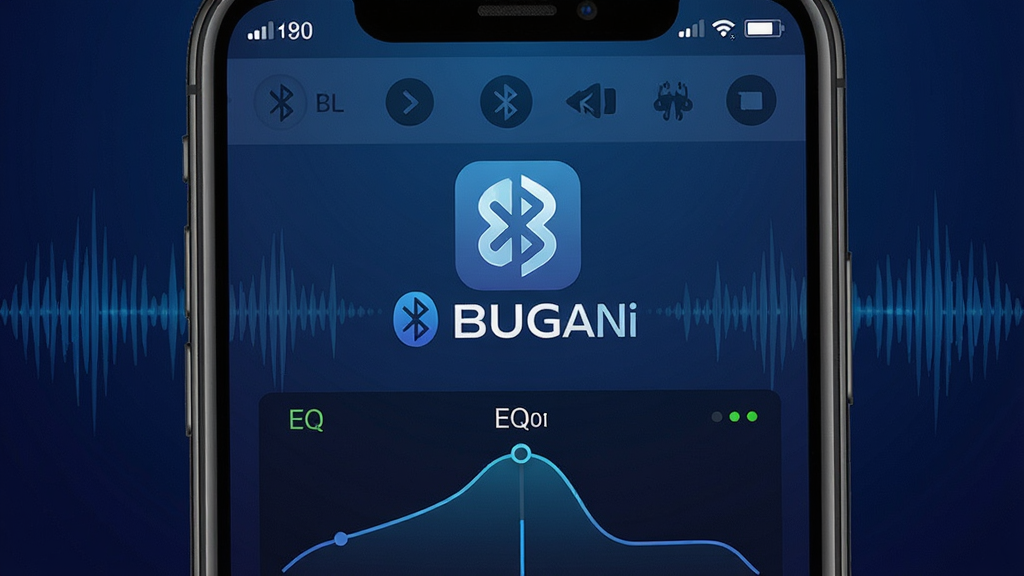 ��������Ϊ��BUGANi�������������ֻ������еĽ�����д����Ļ������ʾ�����豸�б���EQ�������ߣ�����Ϊ����ɫ��������������������岼�����ҶԳƣ�ͻ��������ͼ�������֡�BUGANi�������Ϊ�ִ��Ƽ���UI��ƣ�ϸ�ڰ�������ͼ�ꡢ����״ָ̬ʾ�ƣ����ʸ��壬�ɾ��޶���Ԫ�أ�����������ʾ��BUGANi����
