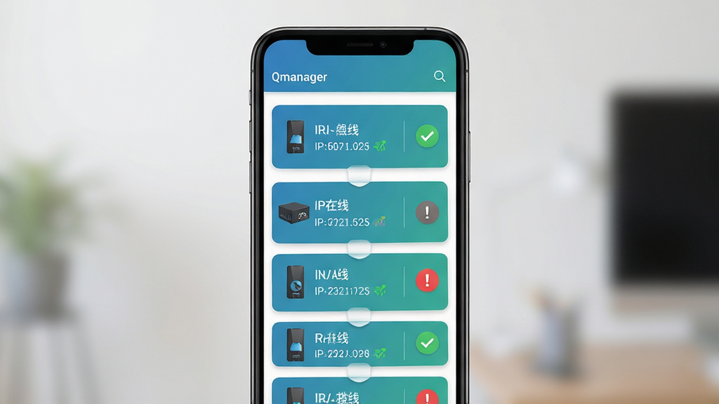 ���壺QmanagerӦ�õĶ��豸�б����档���֣�����������һ�������ֻ�����Ļչʾ��̨NAS�豸��״̬��Ƭ��ÿ�ſ�Ƭ��ע�豸���ơ�IP��ַ������״̬ͼ�ꡣ�Ű棺�������еĿ�Ƭ��������˳������񣺼����ˬ���б���ƣ�������ɫ��ϸ�ڣ���Ƭ������ɫ�Թ���ʾ���ߣ���ɫ��̾�������쳣�����ʣ��߷ֱ��ʣ�����Ԫ��ϸ�壬�ɾ����޶���Ԫ�ء�