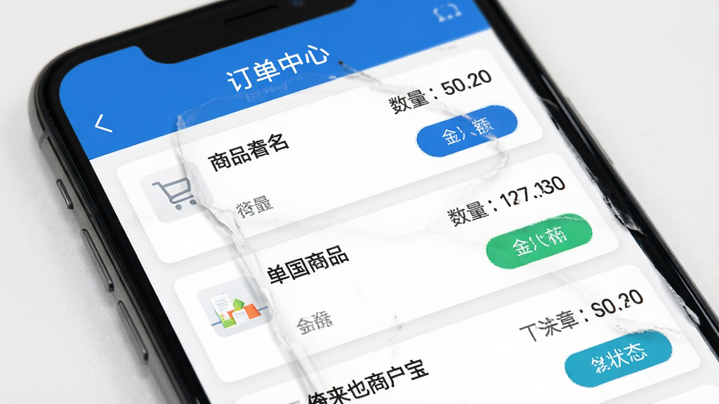 �ֻ�APP������Ҳ�̻����������б�ҳ����д����Ļ����ʾ��ʶ�����Ƭ��ÿ�ſ�Ƭ������Ʒ���ơ������������״̬��ť��������ü����б����֣��׵׺��������׶��������С��������ġ���ɫ�������������������Լ��ϸ����ʵ�����ʸ��壬�ɾ��޶���Ԫ��