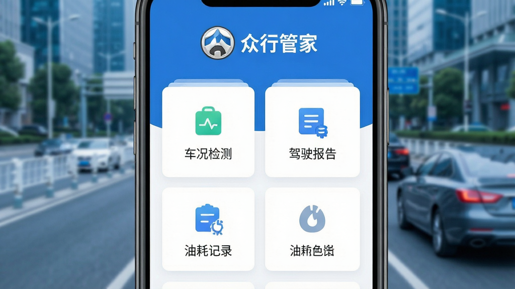 ��������Ϊһ�������ֻ���Ļ��������ʾ���йܼ�APP�����棬���涥���г���Ʒ�Ʊ�ʶ�͡����йܼҡ��������·����������š�������⡱������ʻ���桱�����ͺļ�¼���ȹ��ܿ�Ƭ������Ϊģ�����ִ����е�·����ʻ�е����������岼�����������������������������ɫ������ƽ��UI��ƣ�ϸ�ھ��£����ʸ��壬�ɾ��޶���Ԫ��