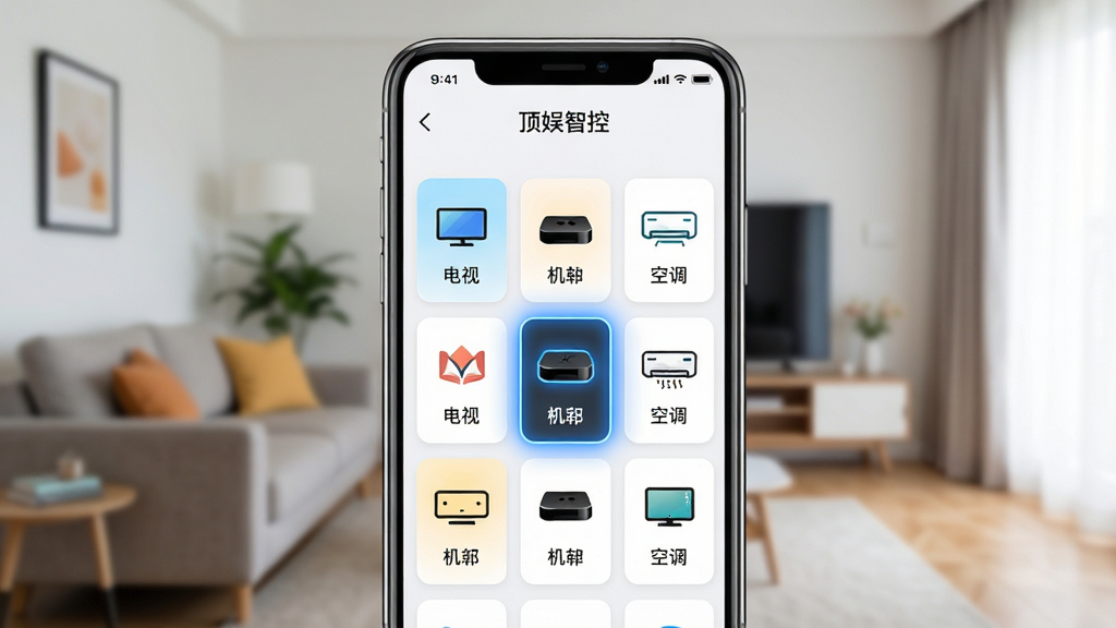 ���壺�ֻ���Ļչʾ�������ǿء����豸�б�ҳ�棬�г����ӡ������С��յ��ȶ���豸��Ƭ�����֣��ֻ����У���Ļ����ռ���壬����Ϊģ���Ŀ����������Ű棺�豸��Ƭ��������ʽ���У�ÿ����Ƭ��ͼ������ơ�����ִ���Լ��ɫ�����졣ϸ�ڣ���Ļ��һ���豸��Ƭ������ʾ����Ե����ɫ���Σ�����������ɳ���͵��ӡ����ʣ����壬�ɾ����޶���Ԫ�ء�