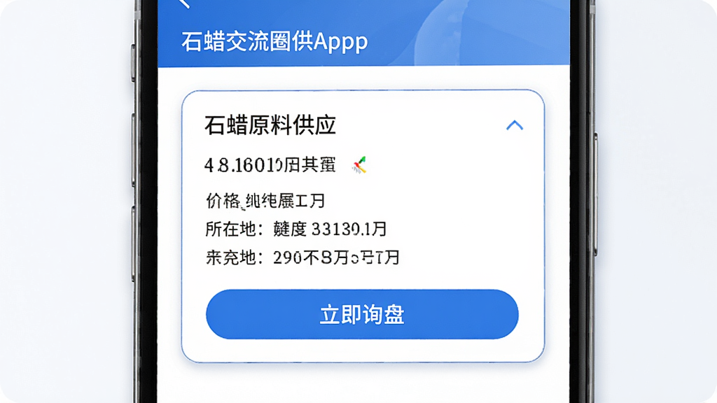 ʯ������ȦApp������Ϣҳ��չʾ������һ��ʯ��ԭ�Ϲ�Ӧ��Ƭ����ʾ�۸񡢴��ȡ����ڵص���Ϣ���·�������ѯ�̰�ť������ʹ��������ɫ����ƬԲ����ƣ��������룬�Ű���������������񣬻���ϸ�壬�ɾ��޶���Ԫ��
