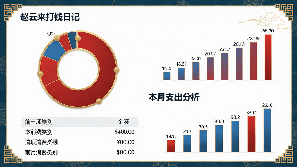 ���壺����������Ǯ�ռǡ���ͳ�Ʊ���ҳ�棬��Ļ�����Ǻ�����ɫ�Ļ��α�ͼ���Ա���������������״ͼ�����֣���ͼλ�����ϣ���״ͼλ�����£��м��С�����֧���������������Ű棺ͼ���·����б�չʾǰ�����������ͽ���������Լ��񣬴�������߿�װ�Σ�ϸ�ڣ���ͼÿ��������Ե�н�ɫ��ߣ���״ͼ������ע�������֣����ʣ������������ɾ����޶���Ԫ�ء�