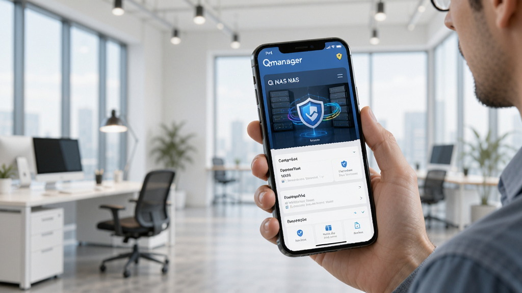 Qmanager ʹ��ָ�ϲ�ͼ��չʾ�û��ֳ��ֻ����� Qmanager �ĳ������ֻ���Ļ��ʾ NAS �������棬����Ϊ�ִ��칫�һ���������ɾ�������ͻ����ȫ��������⣬�޶���Ԫ��