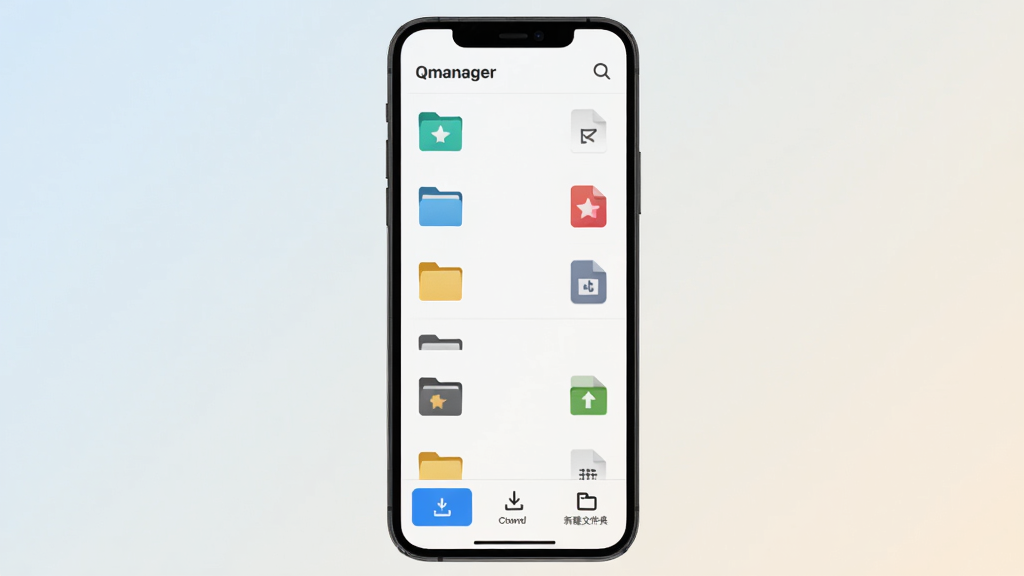 Qmanager �ļ��������ܽ��棬�ֻ�����չʾ�ļ��б��������ļ��к͸����ļ�ͼ�꣬�ײ����ϴ������ء��½��ļ��еȲ�����ť������Ϊǳɫ���䣬�ļ�ͼ��ɫ�ʷḻ�����ּ�����ˣ������ˬ�����ʸɾ��޶���Ԫ��