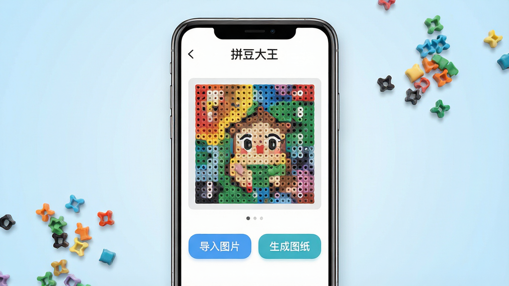 һ�Ÿ����Ʒչʾͼ�������������ֻ�������ʾ��ƴ��������Ӧ����ҳ�棬���������¼�࣬�Ϸ�չʾһ������Ƭת���ɵĲ�ɫƴ��ͼֽ�������·��С�����ͼƬ��������ͼֽ��������Ŀ��ť������Ϊ����ɫ���䣬����ɢ��Ĳ�ɫƴ�����������岼�־��⣬�Ű����������ִ���ƽ����ϸ�����������ʸ��壬�ɾ��޶���Ԫ��