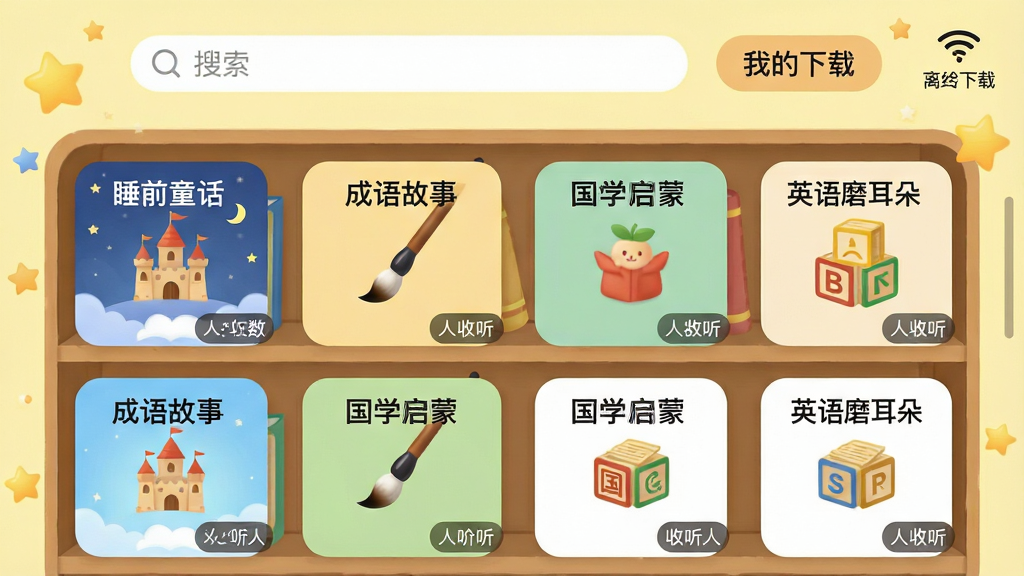 ���壺��˯ǰ�����¡�Ӧ�ý���Ŵ�ͼ��չʾ������ܣ�������˯ǰͯ��������������¡�������ѧ���ɡ�����Ӣ��ĥ���䡱�ȷ��࿨Ƭ��ÿ�ſ�Ƭ�д�����Сͼ�꣨��Ǳ���ë�ʡ���ĸ�飩�����֣����ʽ���У��������������롰�ҵ����ء���ť���·����������Ų����Ű棺��ƬԲ�ǣ������ȣ����־��С�����������£�����Ϊǳ��ɫ��������װ�Ρ�ϸ�ڣ�ÿ�ſ�Ƭ���½�����������С��ǩ���������Ͻ���WiFi��������ͼ�ꡣ���ʣ��߷ֱ��ʣ��ɾ����޶���Ԫ�ء�