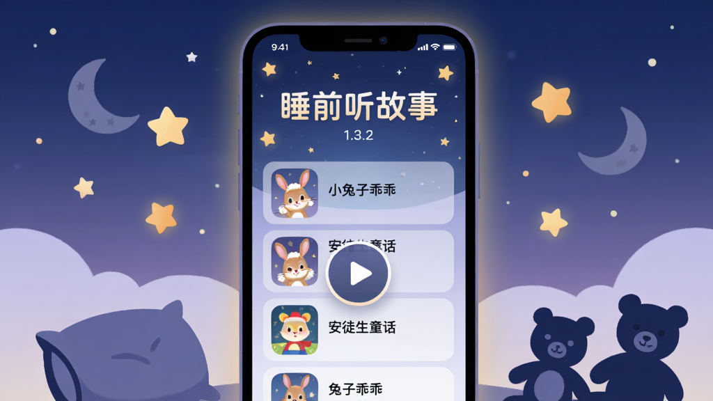 ���壺�ֻ���Ļչʾ��˯ǰ�����¡�1.3.2�汾���棬��������ʾ����ǿձ���������б����С�С���ӹԹԡ�������ͽ��ͯ���������ֱ�ǩ���м両�����Ű�ť�����֣��ֻ����У����������׺������������״�Ŀ�ͨԪ�أ��·�����ͷ��ë����ߵļ�Ӱ���Ű棺����ִ���������Ϣ�㼶�����������ִ���Ŀ�������ܰ�����ı�ƽ�廭�磬ɫ�������������ϡ�ů��Ϊ����Ӫ��ҹ��������Χ��ϸ�ڣ��ֻ���Ļ������ͣ���Χ��΢�����Σ����·���ΪԲ��Сͼ������ɾ��޶���Ԫ�ء����ʣ�4k���壬�ɾ����޶���Ԫ�ء�