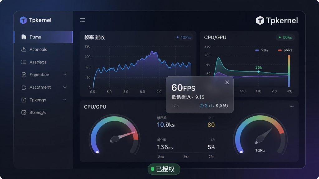 ���壺Tpkernel���������棬����Ϊ��ɫ�Ƽ���UI��������ʾ֡�ʼ������ͼ��CPU/GPU���������Ǳ��̣����Ͻ��С�Tpkernel����ɫ������Logo�����֣�����������ҷ��������Ϊ�����б����Ҳ�Ϊʵʱ����ͼ��������Գ�ƽ�⡣�Ű棺�ִ���ƽ����ƣ��������ף�������ͼ������ȣ�ͻ���Ƽ�����רҵ�ԡ������ɫ���⣬���Ͻ����׺��ĥɰ�����ʸУ�δ���Ƽ����ϸ�ڣ���Ļ��������͸����֡�ʸ�������ʾ60FPS��������ӳ����ݣ��ײ��С�����Ȩ����ɫ��ʶ�����ʣ�����4K��Ⱦ��������ͣ�����ɾ��޶���Ԫ�ء�