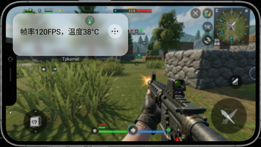 ���壺һ���ֻ�չʾTpkernel������������ʾ��֡��120FPS���¶�38��C��������Ϊ��Ϸ�Ծֻ��档���֣�������λ����Ļ���Ͻǣ���͸��Բ�Ǿ��Σ���Ϸ����Ϊ�����˳�����������вݴ������塣�Ű棺����������������������С����ť�����дʵ��Ϸ���棬������ǳ��ɫĥɰ���ϸ�ڣ���������Ե�С�Tpkernel��С�֣��¶�ͼ��Ϊ��ɫ�����ʣ����壬ϸ�ڷḻ���޶���Ԫ�ء�