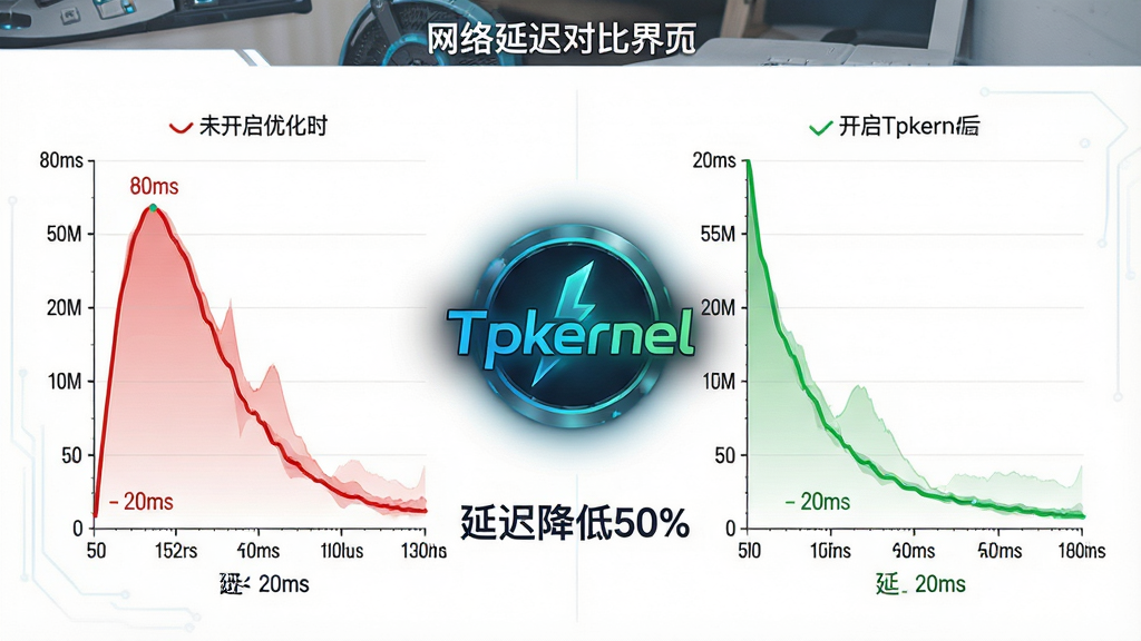 ���壺�����ӳٶԱȽ��棬���Ϊδ�����Ż�ʱ�ĺ�ɫ���ӳ����ߣ��Ҳ�Ϊ����Tpkernel�����ɫ���ӳ����ߣ��м��С�Tpkernel��Logo�����֣����ҶԱ�ͼ�Գƣ��м��Logo���ײ��С��ӳٽ���50%�������֡��Ű棺����ͼ��������������������ɫ�Ա���������񣺼��Ƽ��磬�׵�������ɫ�����ߡ�ϸ�ڣ�ͼ���������������ӳ���ֵ�о������֣��硰80ms��������20ms����Logo���з���Ч�������ʣ�����ʸ������޶���Ԫ�ء�