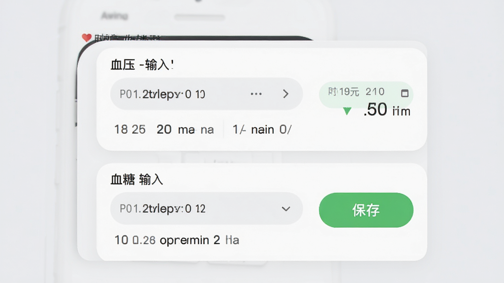 �ֻ�Ӧ�ý���չʾ��ѪѹѪ�Ǽ�¼���ļ�¼�������Ϸ�ΪѪѹ������·�ΪѪ��������Ҳ�����ɫ�����桱��ť������Ϊ����ɫ����Ƭʽ��ƣ�Բ���������������������ϸ�ڰ���ʱ��ѡ�����뵥λ��ע�����ʸɾ����޶���Ԫ�ء�