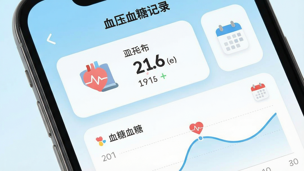 һ�������ֻ���Ļ��д��������ʾ��ѪѹѪ�Ǽ�¼��APP��ҳ�棬�Ϸ�ΪѪѹ��ֵ��Ƭ���·�ΪѪ������ͼ���������ǳ��ɫ���ɫ���䱳����ͼ��Բ���࣬������ˬ����ƽ����Ʒ��ϸ�ڰ�������ͼ����������ǣ����������ɾ����޶���Ԫ�ء�