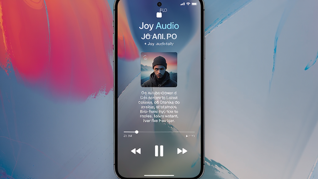 һ��չʾJoy Audio���ֻ���̨����ʱ���������Ž��棬������ֽΪ���󽥱�ɫ�ʣ�������ʾ����ר�����漰��ʣ��·��в���/��ͣ����һ������һ����ť�����������ۣ�����ϸ��ɾ���