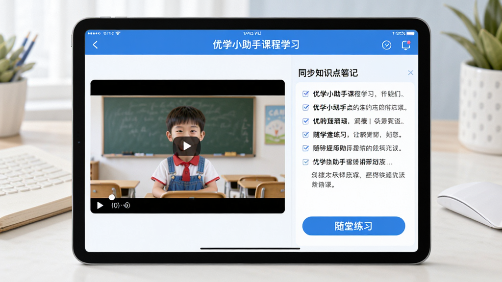 ��ѧС���ֿγ�ѧϰ���棬�����ʾ��Ƶ���⻭�棬�Ҳ�Ϊͬ��֪ʶ��ʼǣ��·��С�������ϰ����ť�������������������ɫ��iPad����չʾ��������񣬻�������������ϸ�ڷḻ�����ʸ��塣