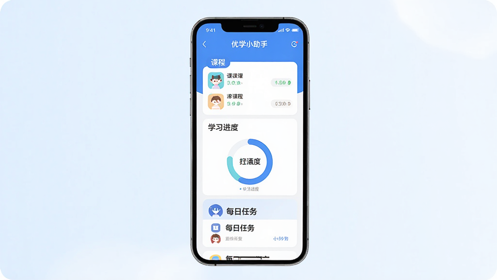 չʾ��ѧС����App�����棬��������γ��б���ѧϰ����Բ����ÿ������Ƭ����������������ɫ����ƽ����Ʒ���ֻ����аڷţ�����Ϊǳɫ���䣬���������ɾ���ϸ�ڷḻ�����ʸ��壬�޶���Ԫ�ء�