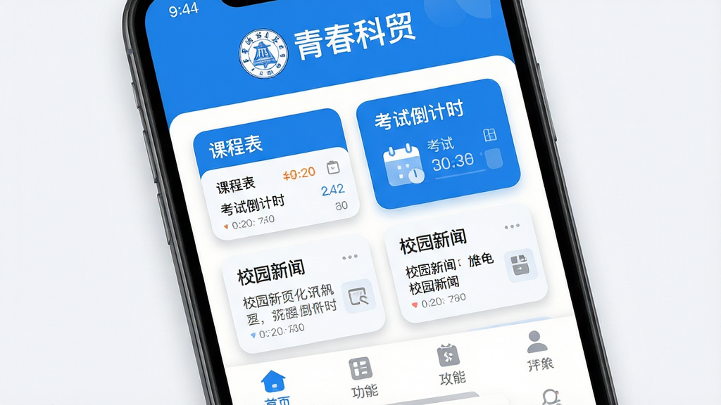 ��������Ϊһ�������ֻ���Ļ��д����Ļ��������ʾ���ഺ��ó��APP����ҳ���棬������У���롰�ഺ��ó���������в��Կ�Ƭʽ����չʾ�γ̱������Ե���ʱ��У԰���ŵ�ģ�飬�·�Ϊ���ܵ������������Ű����ҶԳƣ���Ϣ�㼶���������Ϊ��ƽ��UI��ƣ�ɫ������������Ϊ����ϸ����ͻ��Բ�ǿ�Ƭ��Ӱ������ɾ��޶���Ԫ�أ����ʸ��壬չ��У԰�������ִ��������