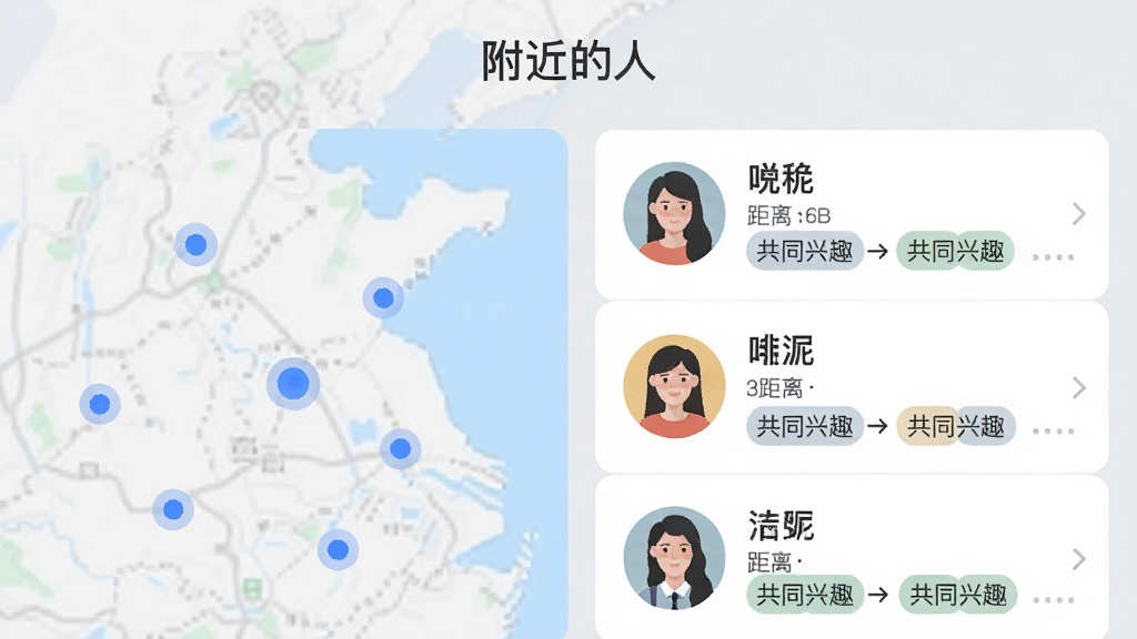 չʾ��ƴ�ѡ�ͬ��ƥ�书�ܵĽ��棬���Ϊ��ͼ��ͼ������ɫСԲ���ʾ�����û����Ҳ�Ϊƥ���б���ÿ����Ŀ��ʾ�û�ͷ���ǳơ�����͹�ͬ��Ȥ��ǩ������Ϊ����ɫ�������С��������ˡ����������Լ��ı�ƽ����񣬻���ϸ�壬�ɾ��޶���Ԫ��