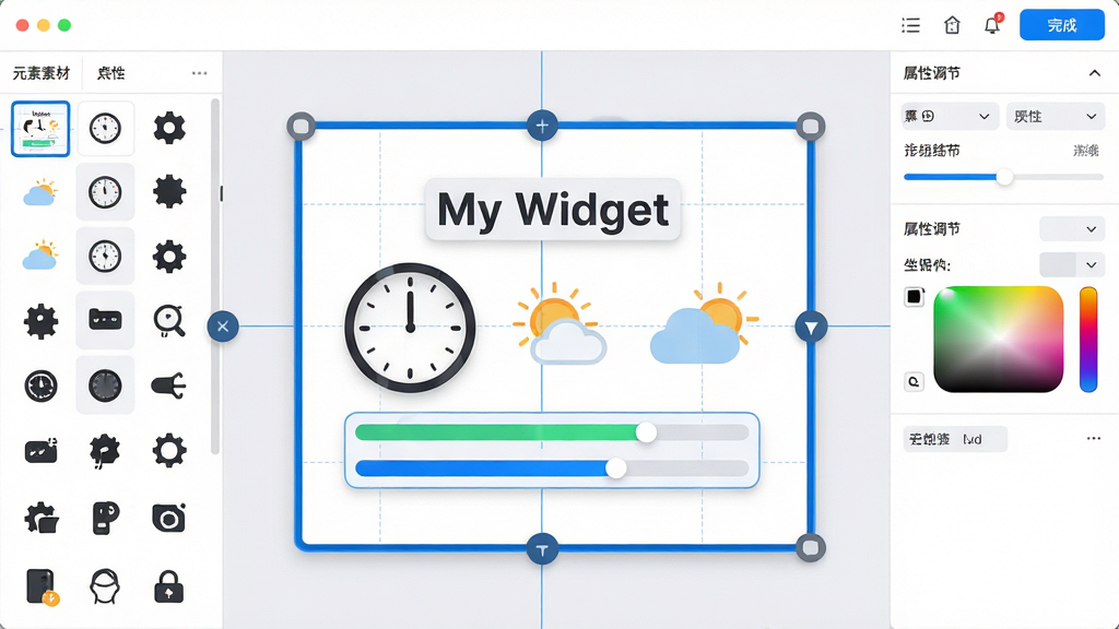 ���壺My Widget������༭���棬������һ��Ŵ�ı༭��������������ſ���ק��ʱ�����֡�����ͼ��ͽ����������������е����ֱ������֣�������������������ṹ�������Ԫ���زĿ⣬�м��ǻ������Ҳ������Ե�����壻�Ű棺��������ʾ��My Widget���ı༭ʾ������Ԫ�ض��븨���������ɼ�������ִ�UI��ƣ�ǳɫ����������ɫ�����߿�ϸ�ڣ���������л����ɫ�̣����涥���С���ɡ���ť����������ֱ�ۣ����ʣ�������Ⱦ���ɾ��޶���Ԫ�أ�������ˮӡ��
