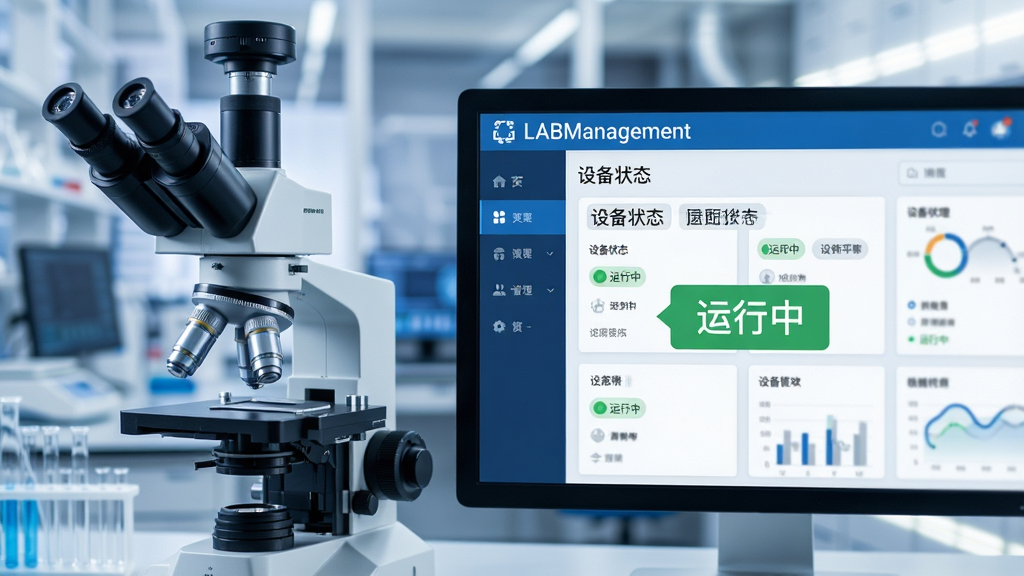 ���壺һ̨��΢���͵�����Ļ���ţ���Ļ����ʾ��LABManagement���豸����ģ�飬���豸״̬��ǩ�����֣����ҽṹ�������ʵ���豸���ұ�����Ļ���棬�Ӿ�ƽ�⡣�Ű棺��Ļ����Ŵ���������Χ��ʵ���һ����黯�����дʵ��UI��ϣ�ɫ��������Ϊ�������ֿƼ�רҵ�С�ϸ�ڣ���Ļ�ϵġ�LABManagement�����ƺ��豸�������С�״̬��ǩ���ԡ����ʣ����壬�ɾ����޶���Ԫ�ء�