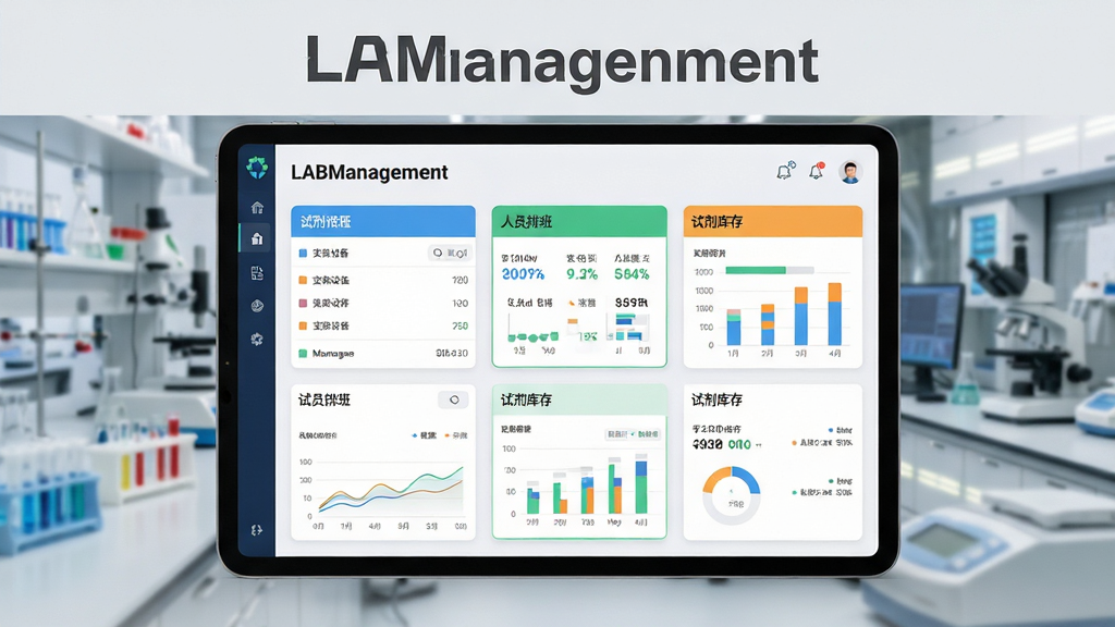 ���壺��������չʾ��һ̨ƽ�����չʾ��LABManagement�������棬������ʾʵ�����豸�б�����Ա�Űࡢ�Լ�����ģ�鿨Ƭ�����֣�ƽ����У���Ļ���������ɼ����Ա���ʵ���ҳ�����Ϊ����������ƽ�⡣�Ű棺�����ͼΪ��������ǳ��ɫ������ͻ���������ơ�LABManagement������������ִ��Ƽ��У���ƽ����ƣ�ɫ�������ɾ���ϸ�ڣ�ƽ����Ļ�ϵ����֡�LABManagement�������ɶ�������ͼ������ֱ�ۡ����ʣ�������Ⱦ���ɾ��޶���Ԫ�ء�