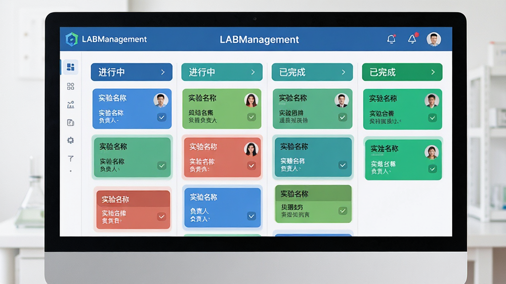���壺������Ļչʾ��LABManagement�����񿴰壬�С������С�������ɡ����У���Ƭ��ʾ��ͬʵ�����񡣲��֣�����������Ļ���������������ơ��Ű棺��������ٲ���ʽ��Ƭ���֣�ɫ���������ȼ�������ִ���ҳUI��񣬱�ƽ����������ɫ��ϸ�ڣ���Ļ���Ͻ��С�LABManagement��Logo������Ƭ����ʵ�����ƺ͸�����ͷ�񡣻��ʣ��߾��ȣ��ɾ�������