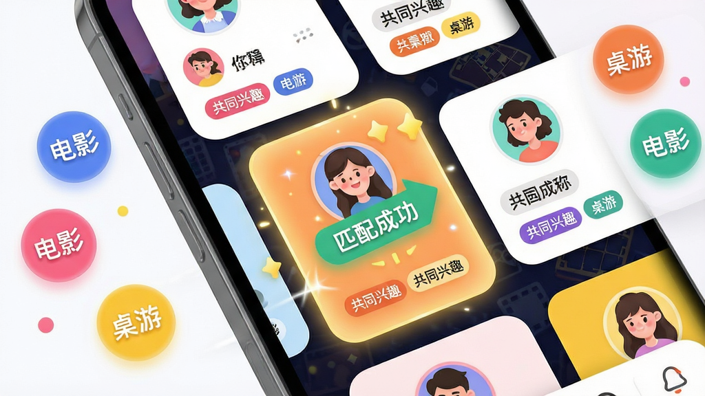 ���壺ƴ��App�ġ���Ȥƥ�䡱���ܽ��棬�ֻ���Ļ����ʾ�����û���Ƭ������һ�ſ�Ƭ���С�ƥ��ɹ�����Ч�����֣��ֻ���Ļ��д����Ƭ���������У��Ű棺��Ļ�ڿ�Ƭ�������£������Ƕ�ʵ�Բ�α�ǩ�硰��Ӱ�������Ρ������������ã�ɫ�ʷḻ��UIԲ��ϸ�ڣ���Ƭ�����û�ͷ���ǳƺ͹�ͬ��Ȥ��ǩ�����ʣ����壬�ɾ����޶���Ԫ��