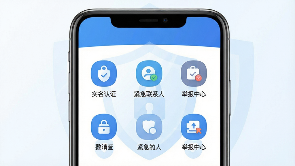 ���壺ƴ��App�İ�ȫ���Ľ��棬��ʾ��ʵ����֤����������ϵ�ˡ����ٱ����ġ���ͼ�ꣻ���֣�ͼ���������У��ֻ���Ļ���У��Ű棺�������������Ϊ������״��ǳ��ɫˮӡ���������רҵ��������ɫ��ϸ�ڣ�ÿ��ͼ���¶��м������˵�������ʣ����壬�ɾ����޶���Ԫ��