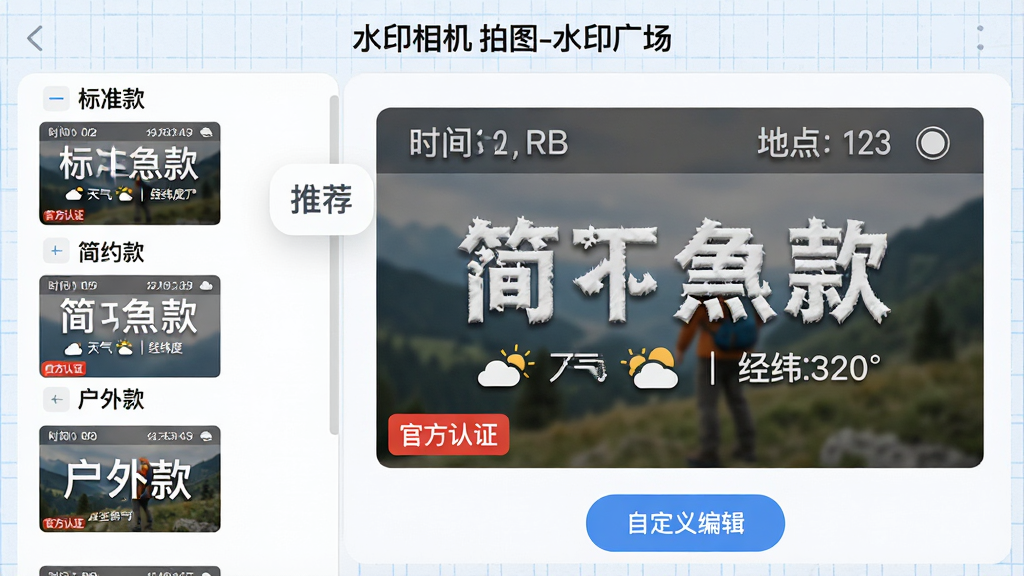 ���壺ˮӡ�����ͼӦ�õ�ˮӡ��ʽѡ����棬��Ļ��չʾ���ˮӡģ�壬ÿ�������ʱ�䡢�ص㡢��������γ�ȵ���Ϣ������һ��Ŵ�Ԥ������ע���Ƽ��������֣����Ϊģ���б�����ͼ���Ҳ�ΪԤ����ͼ���·��С��Զ���༭����ť���������ҷ���ʽ���֡��Ű棺ģ�����������ĺ����ֱ�ע���硰��׼�����Լ���������ˮӡ������Ԥ��ͼ��Ϊ��ɫ����Ӱ�����½��к�ɫ���ٷ���֤��С��ǩ����񣺱�ƽ��UI��Ʒ�񣬽����ɫΪǳ��ɫ����ťΪ��ɫԲ�Ǿ��Σ�������ˬ���졣ϸ�ڣ���Ļ�Ϸ���ʾ��ˮӡ�����ͼ-ˮӡ�㳡�����⣬����Ϊ����ɫ����ͼ����ģ�⹤��ͼֽ�ʸС����ʣ�������Ⱦ���ɾ����࣬�޶���Ԫ�ء�