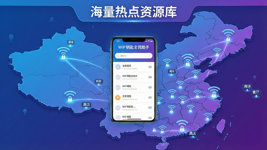 ���壺һ���й���ͼ������ɢ�����ڶ෢���WiFi�źŵ㣬����λ����һ���Ŵ�������ֻ����棬��ʾ��WiFiԿ��ȫ�����֡��������б������֣���ͼռ��ȫ�����ֻ����������룬��Χ�й������Ӹ����źŵ㡣�Ű棺������������ʾ�������ȵ���Դ�⡱���·���ͼ�е�׺��С�ͱ�ǩ�硰�̳������������������Ƶꡱ����񣺿Ƽ��в廭�磬����ɫ���䣬δ���С�ϸ�ڣ�ÿ���źŵ㶼��΢С����ͼ���ʾ��ȫ���ֻ���Ļ���б������������ʣ����壬�ɾ����޶���Ԫ�ء�