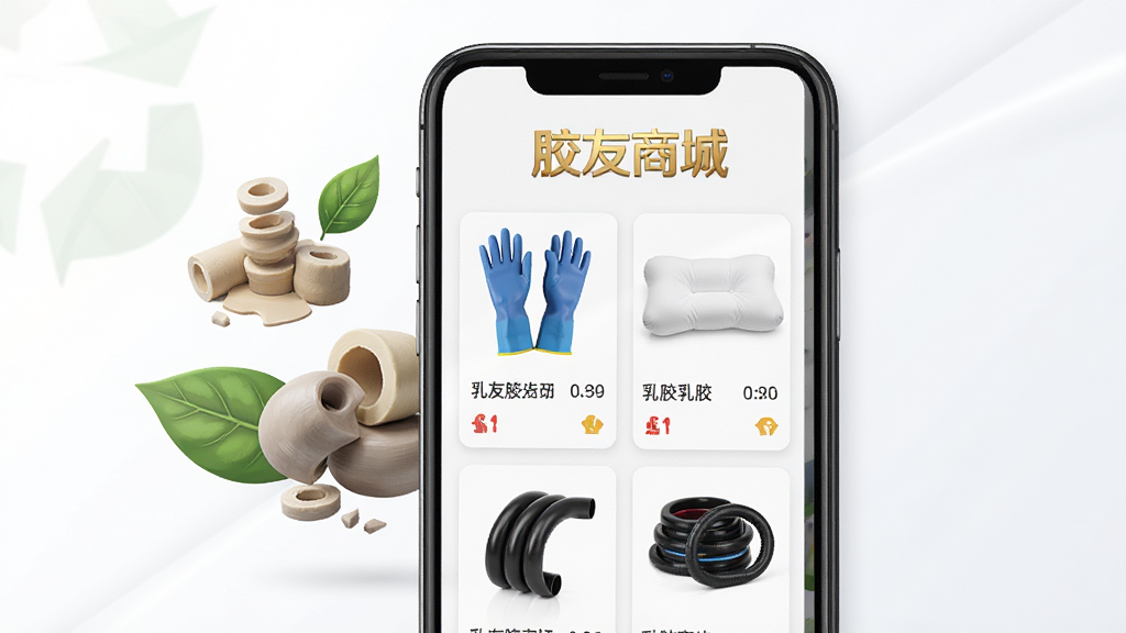 ����Ϊһ�����������ֻ�����Ļ��ʾ�����̳�APP��ҳ�������С������̳ǡ�Ʒ�������Ľ�ɫLogo��ҳ����չʾ�����ס��齺��ͷ���𽺹ܲĵ���ƷͼƬ������Ϊ���̷���������У���Ʒ��Ƭ�������ֻ������������ԭ������ɫ��ҶԪ�أ����������빤ҵ������Ϊǳ��ɫ���䣬�����Ű�ɾ��������ֲ廭��񣬸�ϸ�ڣ�8K���ʣ��ɾ��޶���Ԫ�ء�