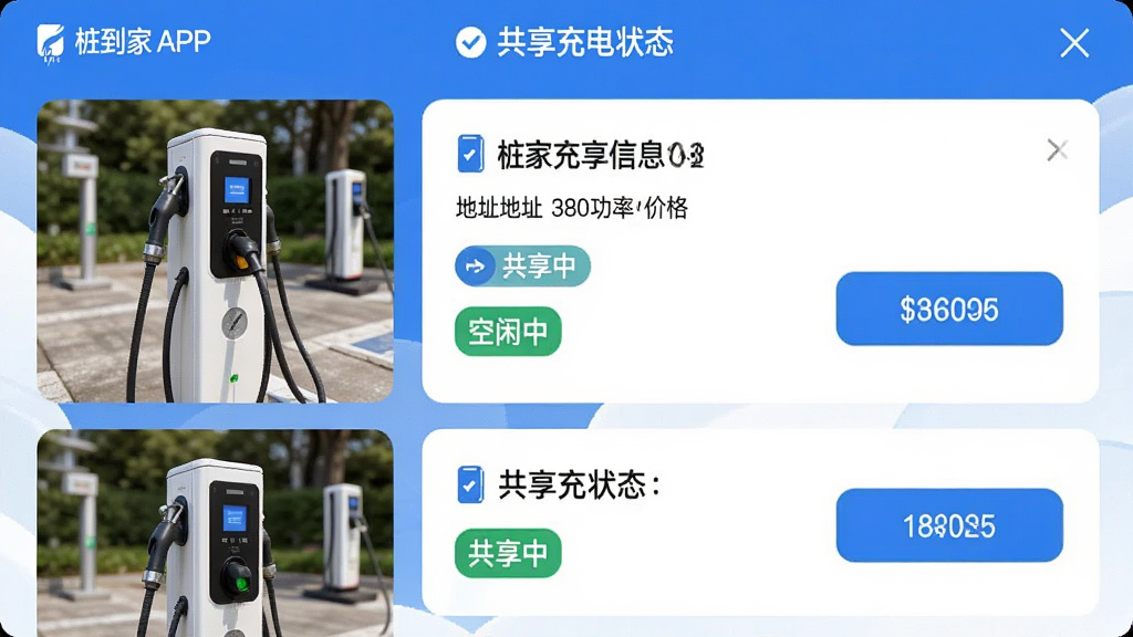 ���壺׮����APP�������׮����ҳ�棬չʾ���׮�б��빲��״̬�����֣����Ϊ���׮ͼƬ���Ҳ�Ϊ��Ϣ�������ť���Ű棺�б�ʽ���֣�����չʾÿ��׮�ĵ�ַ��������۸񣻷�񣺼������磬������ɫ��ϸ�ڣ�ÿ��׮λ��Ƭ���С������С����������С���ǩ�����ʣ�������Ⱦ���޶���Ԫ�ء�