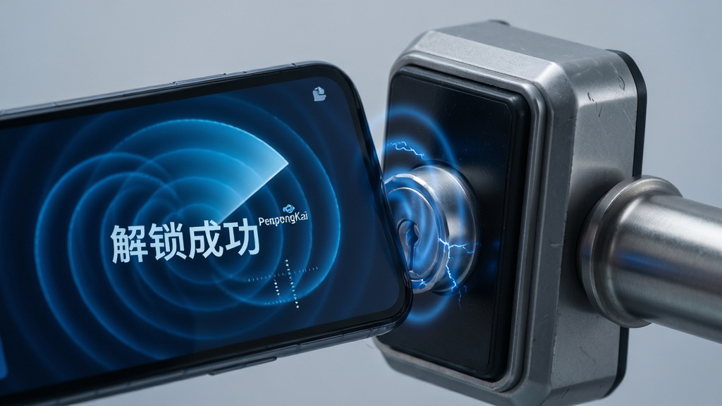 特写镜头构图,画面主体是一部运行“PengpengKai”的手机界面紧贴一个工业风智能锁读卡器,布局强调两者接触瞬间的微弱电波纹理,排版风格为高帧率动态捕捉,科技蓝与银灰色调,细节刻画出手机屏幕上雷达波纹扩散与“解锁成功”大字样,画质如电影级细腻,干净无多余元素