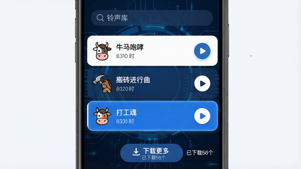 主体:手机屏幕展示“牛马闹钟”的铃声选择界面,列表中有“牛马咆哮”、“搬砖进行曲”、“打工魂”等铃声名称,每个铃声旁边有一个播放按钮。布局:界面采用上下滚动列表形式,当前选中的铃声高亮显示,背景为深蓝色科技感纹理,顶部有“铃声库”搜索栏。排版:每一条铃声占一行,左侧为铃声名称和时长,右侧为试听按钮,整体排列整齐有序。风格:现代简约风格,配合幽默的图标设计,色彩以蓝白为主,突出清晰易用。细节:铃声名称旁配有牛、马、锤子等趣味图标,底部有“下载更多”按钮,并显示“已下载56个”的提示。画质:高清细腻,画面干净,无多余元素。