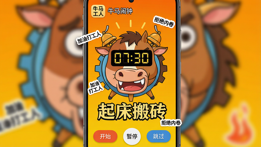 主体:一款名为“牛马闹钟”的安卓手机应用界面展示,手机屏幕中央显示一个巨大的卡通牛头马面形象闹钟,闹钟数字显示“07:30”,下方有“起床搬砖”四个大字。布局:手机竖屏居中,背景为明亮的橙黄色渐变,顶部有“牛马闹钟”应用图标和名称,底部有“开始”、“暂停”、“跳过”三个按钮。排版:界面简洁清晰,图标和文字比例协调,重点突出闹钟时间和“牛马”主题文案,整体风格活泼有趣。风格:扁平化插画风格,结合网络热梗文化,色彩饱和度高,具有强烈的视觉冲击力和幽默感。细节:牛头马面表情夸张搞笑,闹钟边缘有齿轮和铃铛装饰,界面四周散布着“加油打工人”、“拒绝内卷”等小标签贴纸。画质:超高清4K渲染,画面干净,无多余元素。